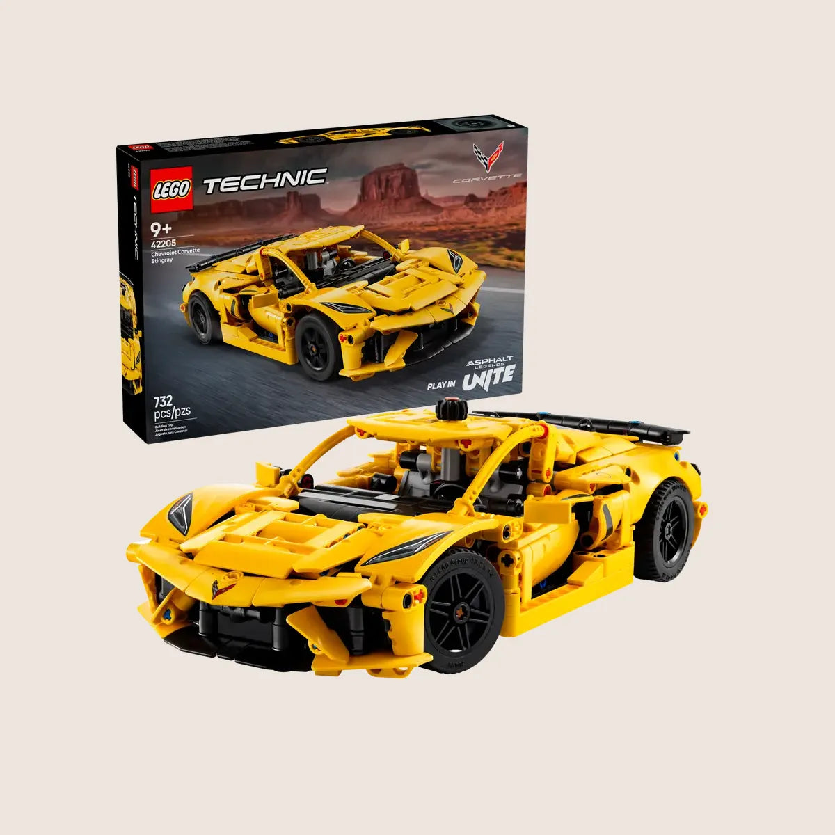 LEGO Technic Chevrolet Corvette Stingray 42205 - 1:24 scale model with movable doors, open hood, 8-cylinder engine, differential and working steering. An authentic building and display model from the LEGO Technic series.