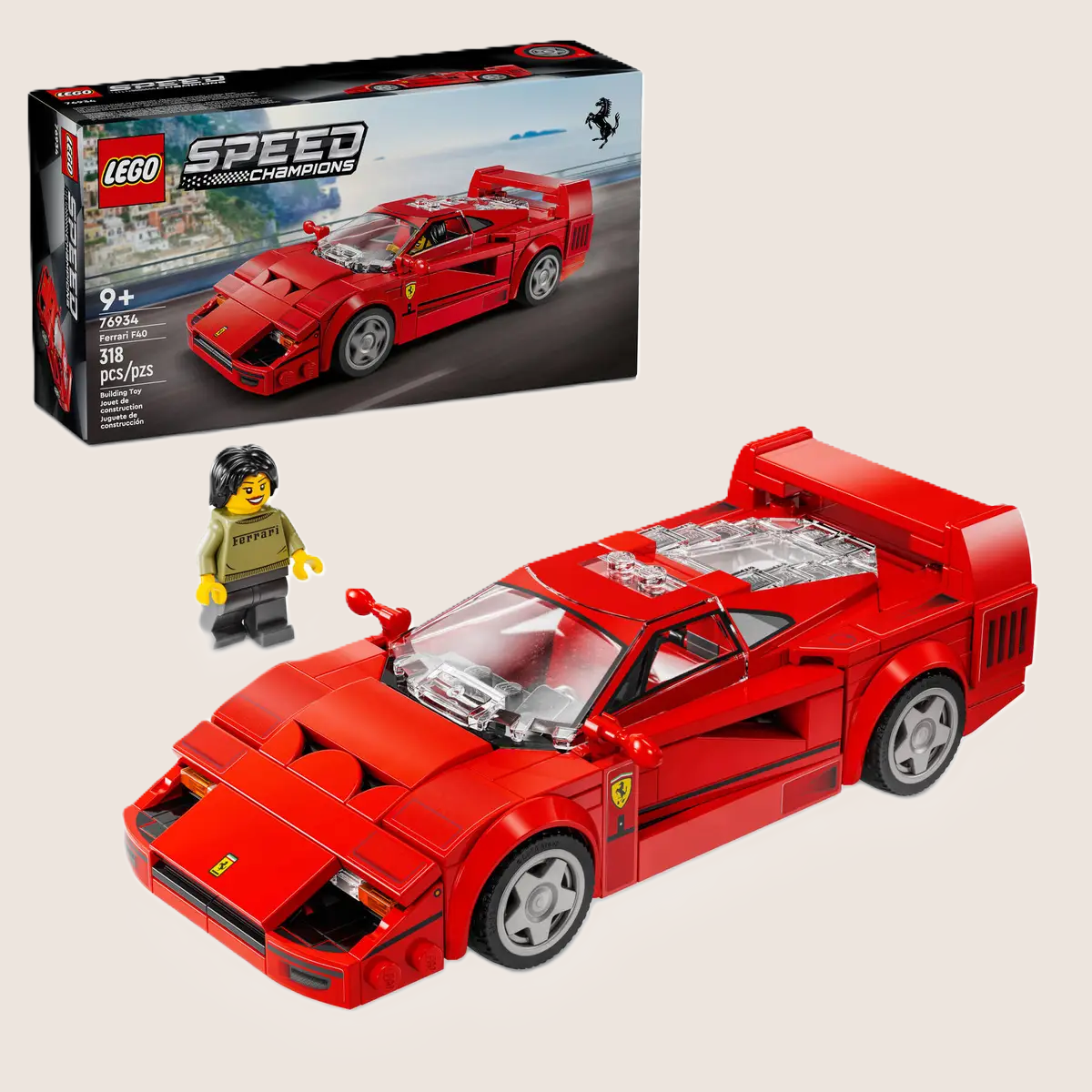 LEGO Speed Champions Ferrari F40 Supercar 76934 - detailed model of the iconic 1980s Ferrari F40. Set includes 318 pieces, a Ferrari driver minifigure and authentic design details such as a rear spoiler, air intakes and red seats. Perfect for both play and display.