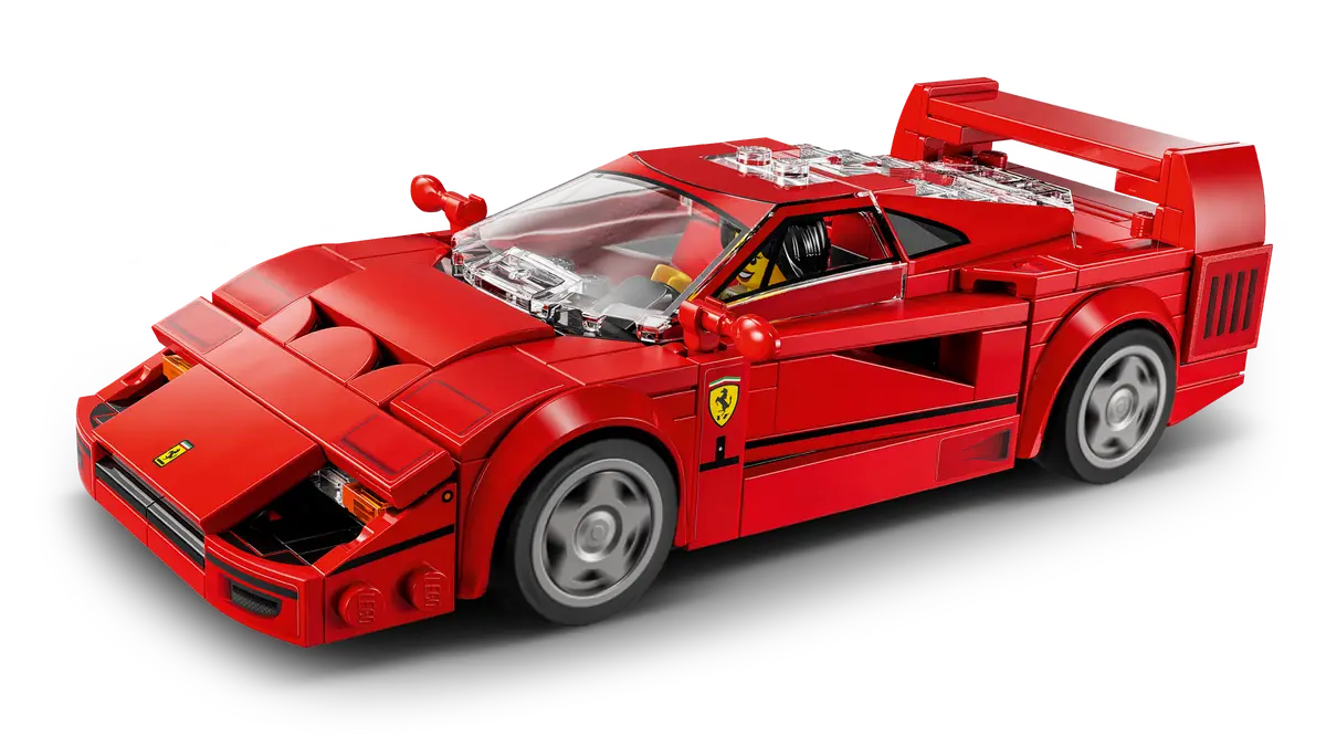 LEGO Speed Champions Ferrari F40 Supercar 76934 - detailed model of the iconic 1980s Ferrari F40. Set includes 318 pieces, a Ferrari driver minifigure and authentic design details such as a rear spoiler, air intakes and red seats. Perfect for both play and display.