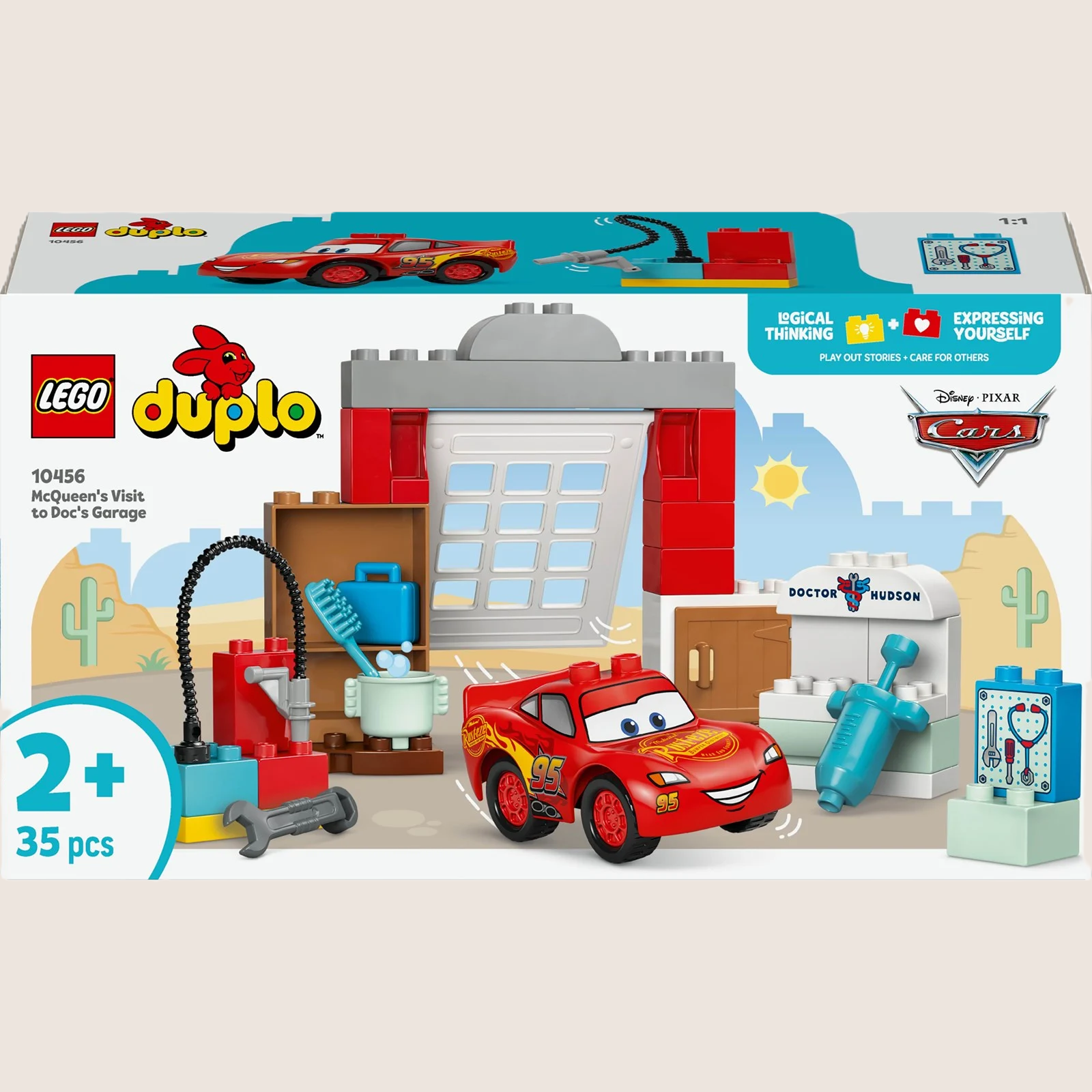 Lego Duplo "Lightning McQueen visits Doc's workshop" - colorful Duplo set with Lightning McQueen and Doc Hudson in their workshop. Perfect for little car enthusiasts and creative play.