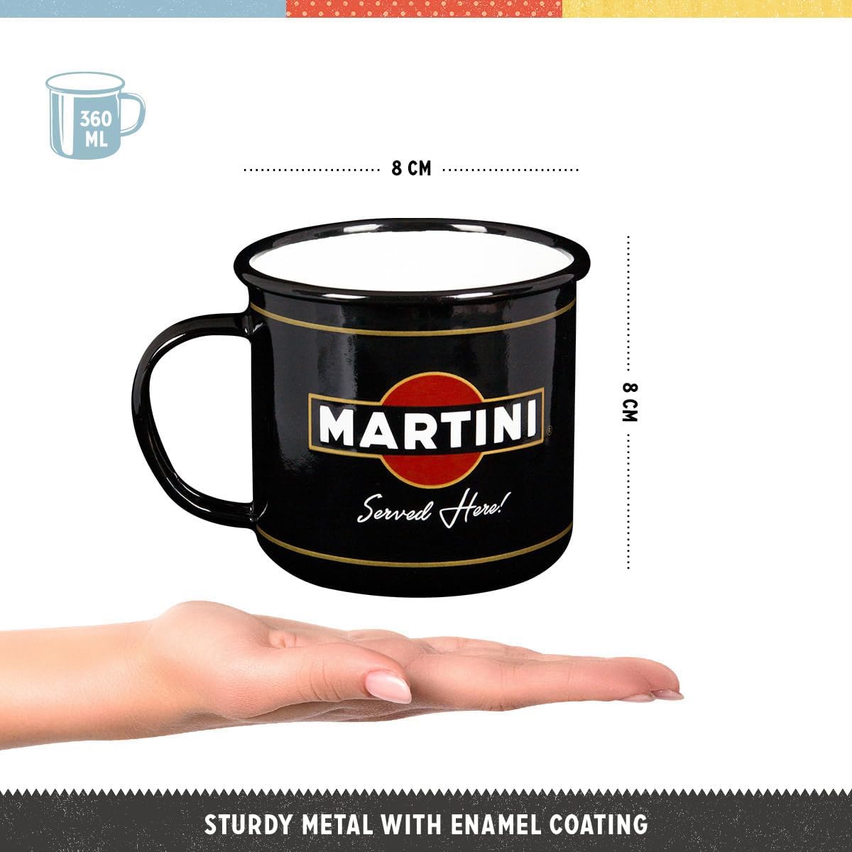 Martini Served Here Enamel Mug - Classic retro enamel mug with iconic Martini design. Perfect for coffee, tea or as a collector's item for car and motorsport enthusiasts.