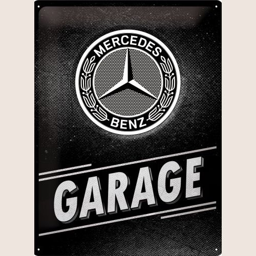 Mercedes-Benz Garage Tin Sign 30x40 cm - Retro metal sign with classic Mercedes-Benz garage design. Ideal for wall decoration in workshops, garages or car enthusiasts' homes.