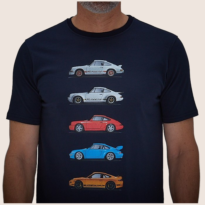 ORC-Multi Car Navy Blue - Classic T-shirt in navy blue with a stylish ORC pattern of several iconic cars. Perfect for car enthusiasts with a sense of design and comfort.