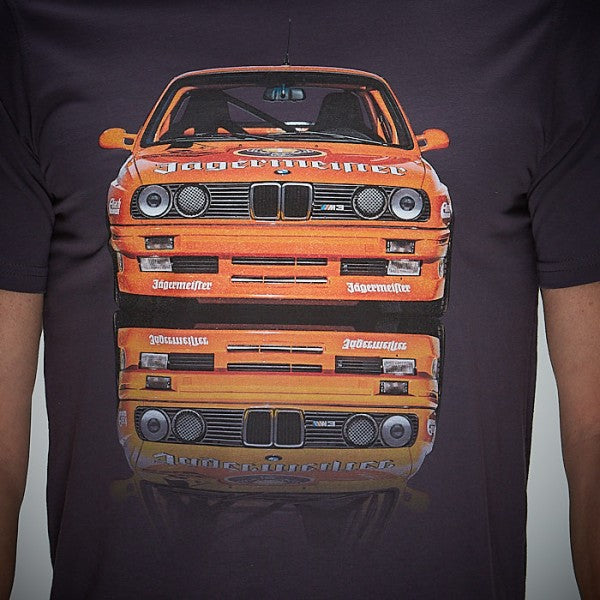 GrandPrix Originals ORC E30 EVO Grey T-shirt - Organic cotton, fitted cut and iconic Jägermeister design on BMW E30 Evo, made in Italy by ORIGINAL RACE® - perfect for motorsport fans and style-conscious car enthusiasts.