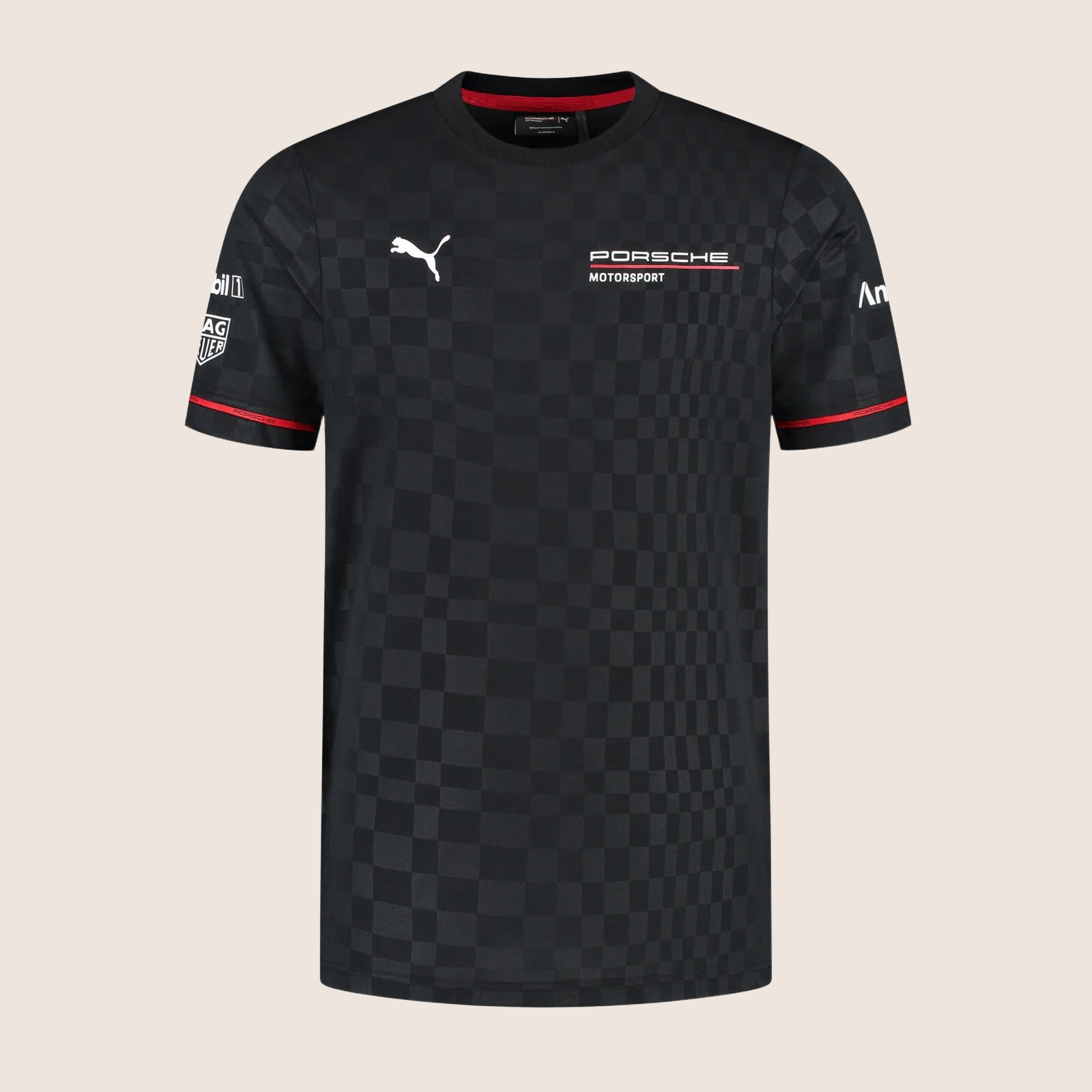 Black Porsche Motorsport Team T-shirt with short sleeves, red details and official Porsche and PUMA logos - designed for fans of motorsport and racing.