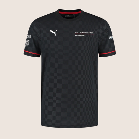 Black Porsche Motorsport Team T-shirt with short sleeves, red details and official Porsche and PUMA logos - designed for fans of motorsport and racing.