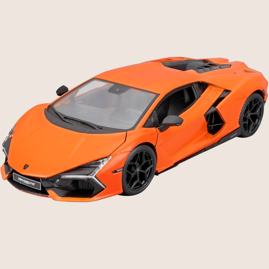 Bburago Lamborghini Revuelto 1:24 - detailed diecast model in orange with open doors and bonnet. Perfect for collectors and motorsport enthusiasts.