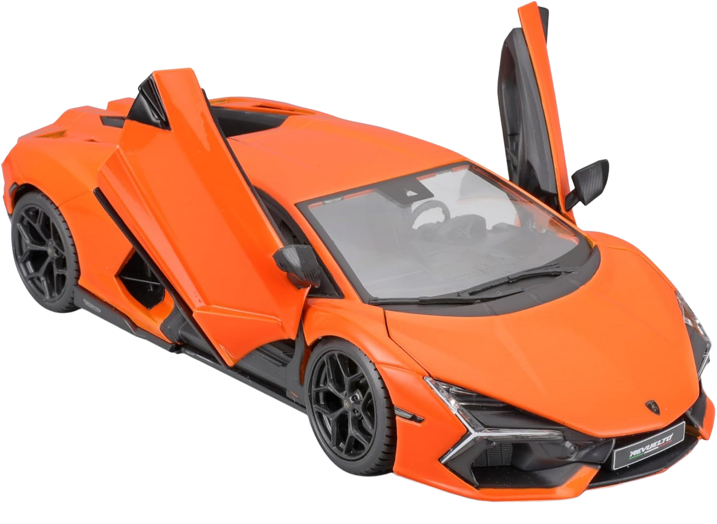 Bburago Lamborghini Revuelto 1:24 - detailed diecast model in orange with open doors and bonnet. Perfect for collectors and motorsport enthusiasts.