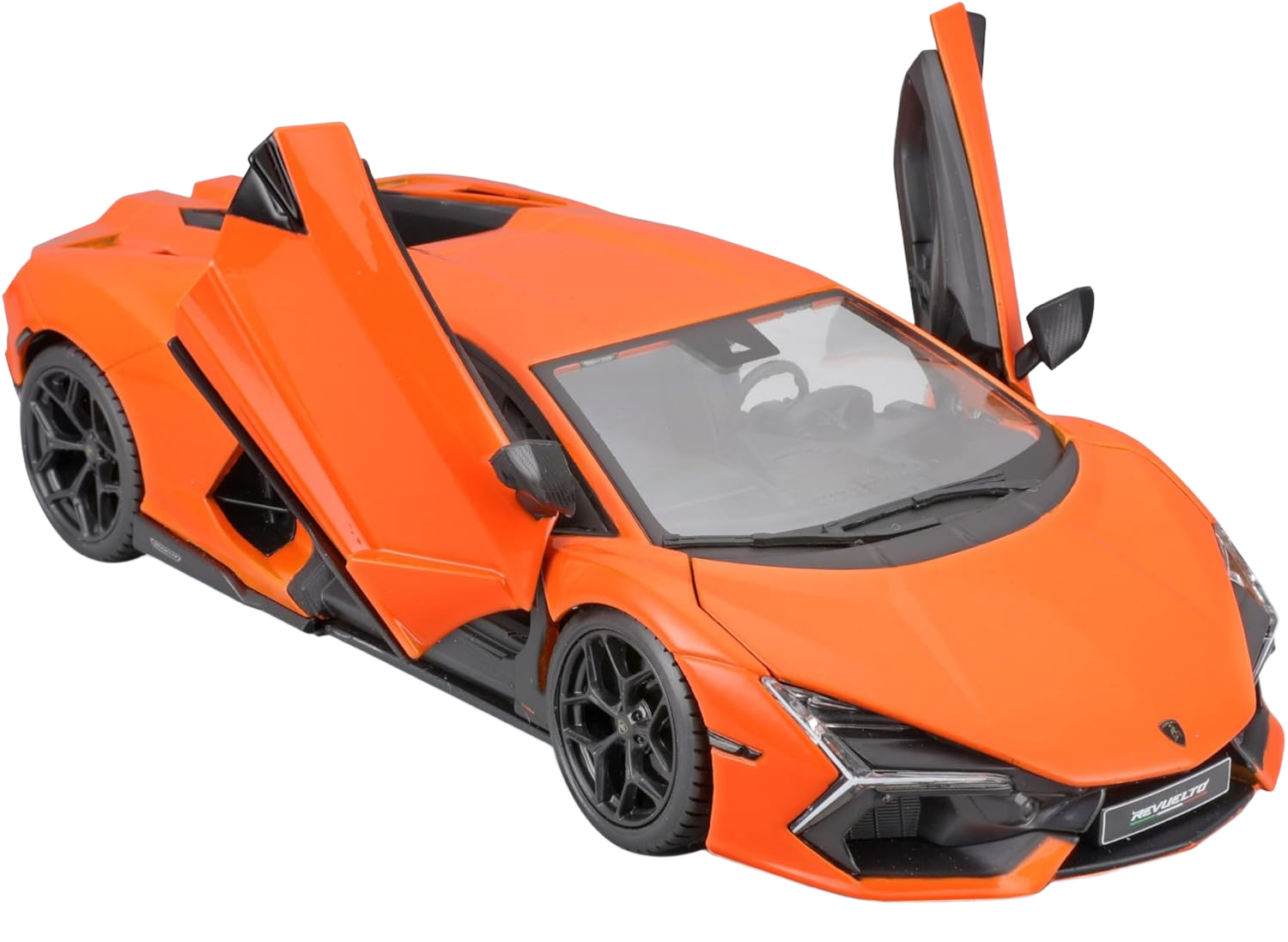 Bburago Lamborghini Revuelto 1:24 - detailed diecast model in orange with open doors and bonnet. Perfect for collectors and motorsport enthusiasts.