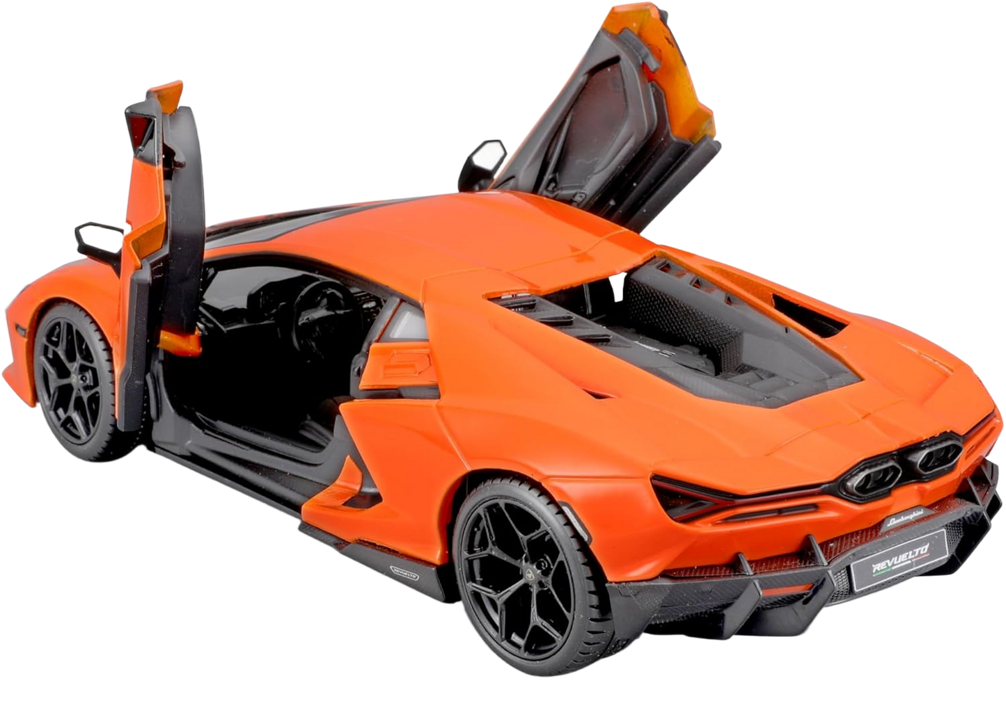 Bburago Lamborghini Revuelto 1:24 - detailed diecast model in orange with open doors and bonnet. Perfect for collectors and motorsport enthusiasts.