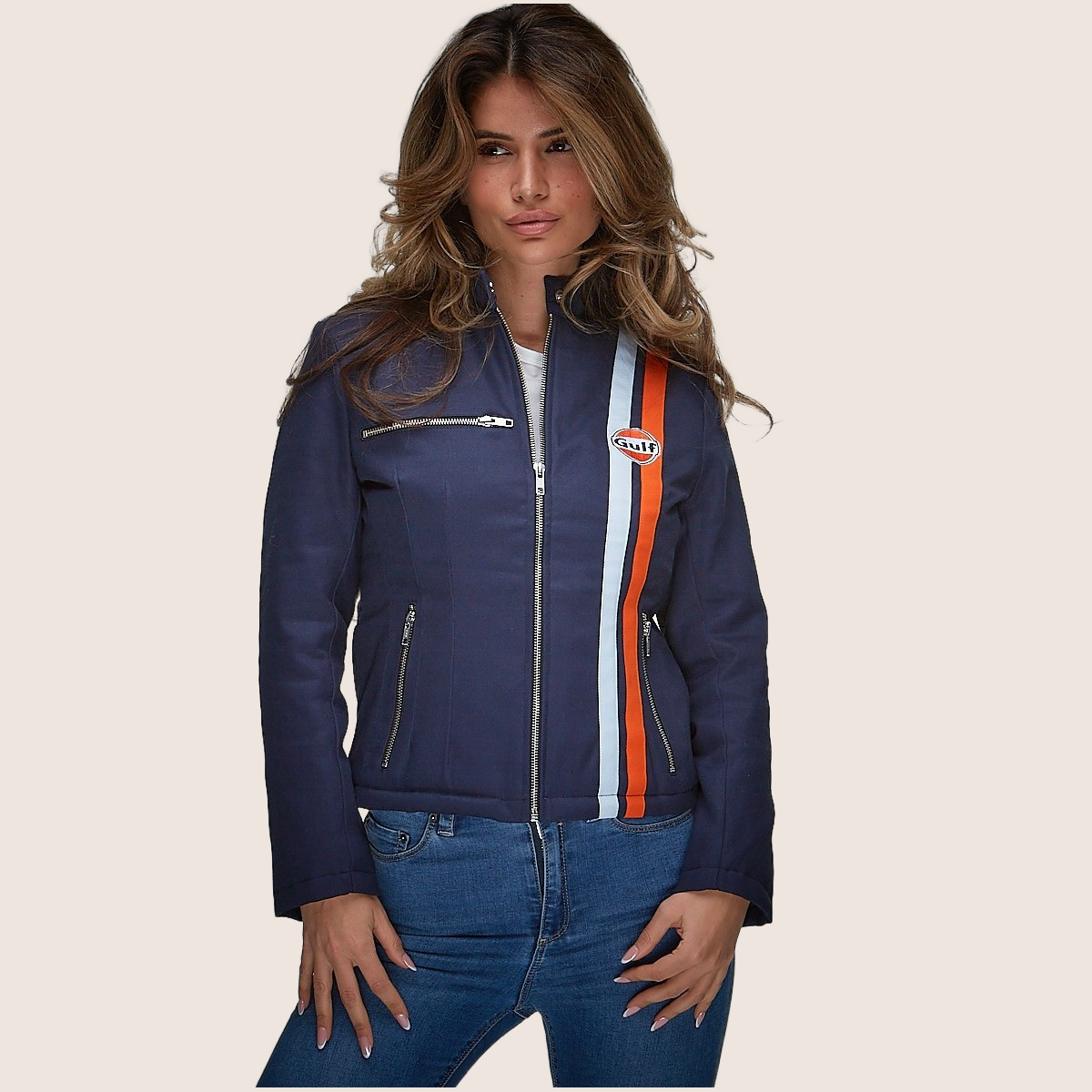 Gulf Roadmaster Navy Women - Stylish and sporty women's polo in navy blue with Gulf logo and classic motorsport details. Comfortable fit for everyday wear or events.