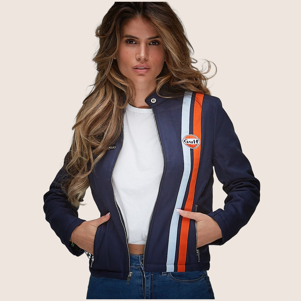 Gulf Roadmaster Navy Women - Stylish and sporty women's polo in navy blue with Gulf logo and classic motorsport details. Comfortable fit for everyday wear or events.