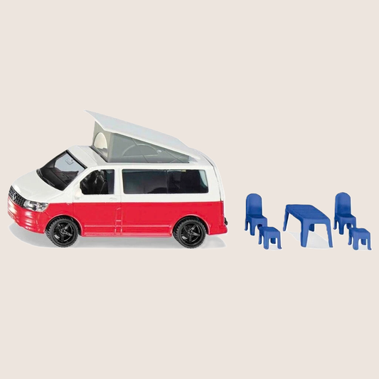Siku Volkswagen T6 California 1:50 - Detailed camper model with raised pop-up roof, open tailgate, tow bar and included table and chairs. Made of metal and plastic with rubber wheels - ideal for both play and assembly.