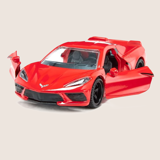 Siku Chevrolet Corvette Stingray 1:50 - Red die-cast model with opening engine cover and doors, rubber wheels and interchangeable rims. Realistic reproduction of the C8 Stingray's engine behind the cabin. 