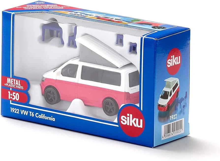 Siku Volkswagen T6 California 1:50 - Detailed camper model with raised pop-up roof, open tailgate, tow bar and included table and chairs. Made of metal and plastic with rubber wheels - ideal for both play and assembly.