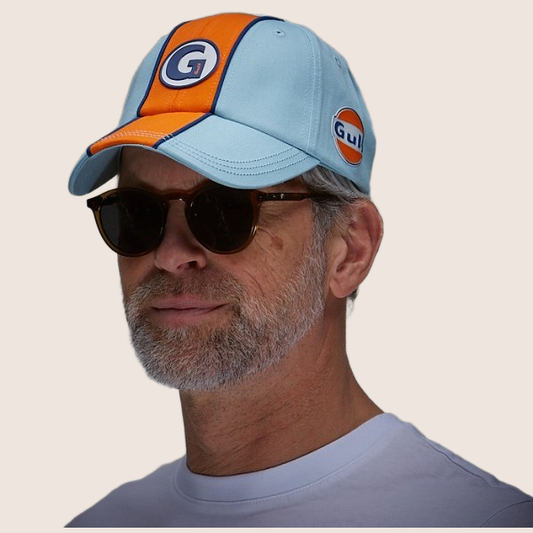 Gulf Super-G Cap Light Blue - Light blue cap with the iconic Gulf Super-G logo. Perfect for everyday wear for fans of classic motorsport and vintage style.