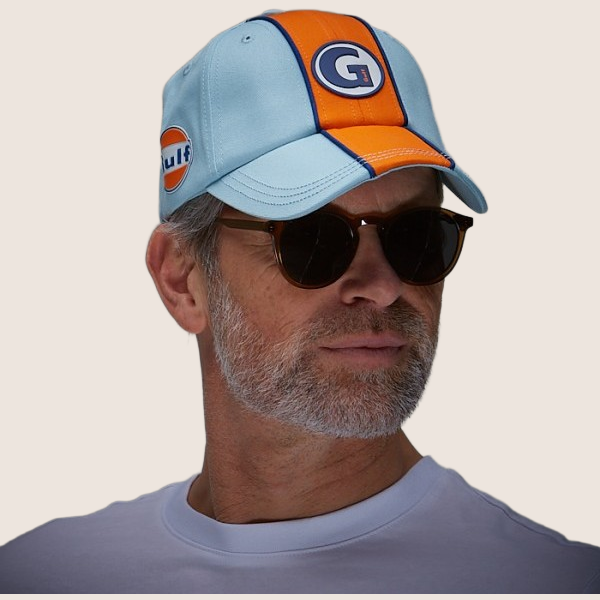Gulf Super-G Cap Light Blue - Light blue cap with the iconic Gulf Super-G logo. Perfect for everyday wear for fans of classic motorsport and vintage style.