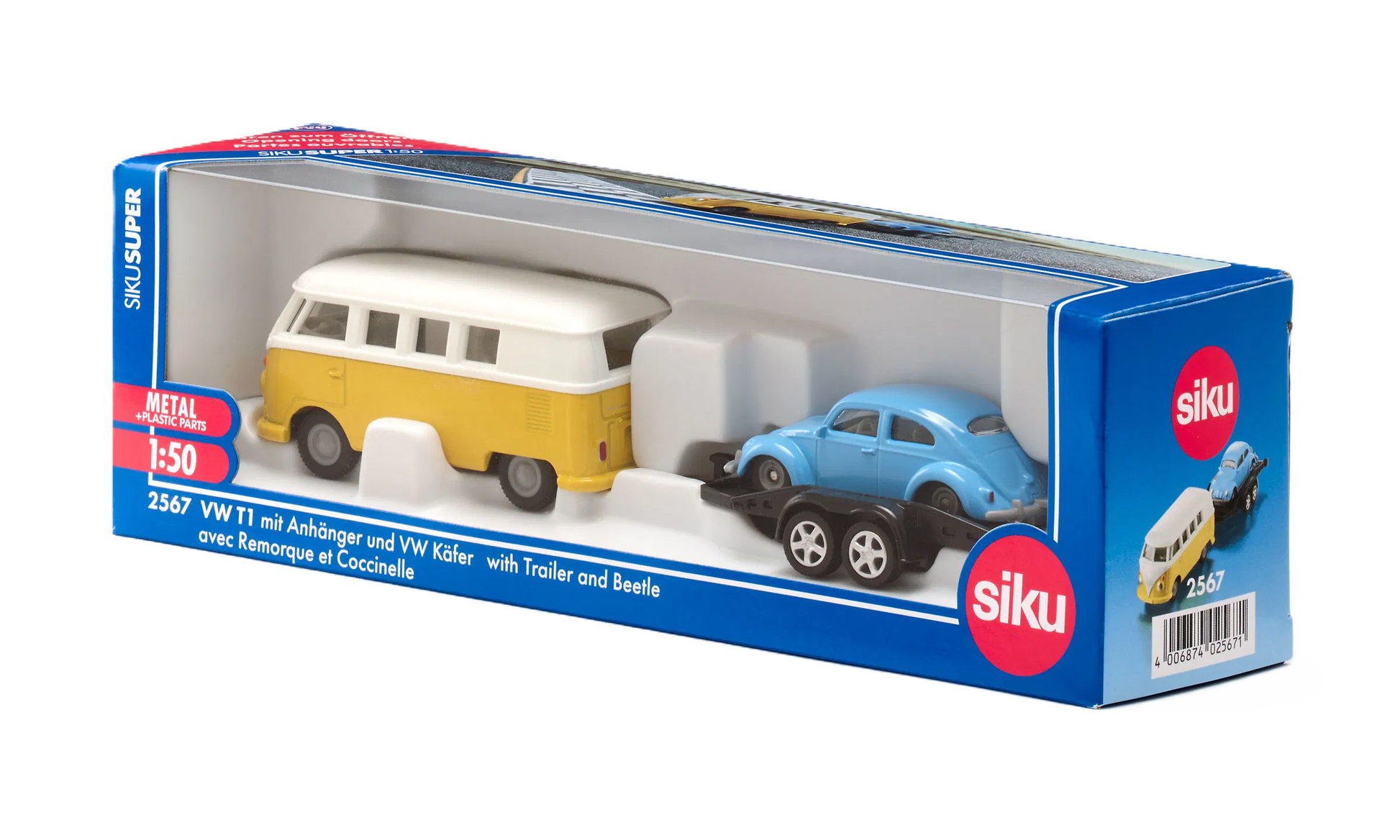 Siku VW T1 with trailer and VW Beetle 1:50 - Detailed metal and plastic model with yellow/white VW T1 minibus, detachable trailer and light blue VW Beetle. Robust and perfect for creative play and model adventures for kids.
