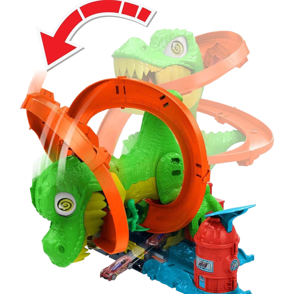 Hot Wheels Race Track - City T-Rex Fire Station - Hot Wheels race track with T-Rex fire station, action-packed playset.