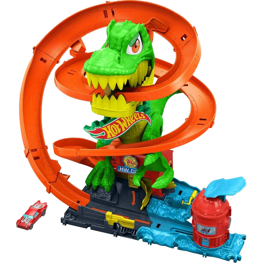 Hot Wheels Race Track - City T-Rex Fire Station - Hot Wheels race track with T-Rex fire station, action-packed playset.