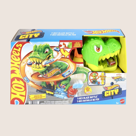 Hot Wheels Race Track - City T-Rex Fire Station - Hot Wheels race track with T-Rex fire station, action-packed playset.