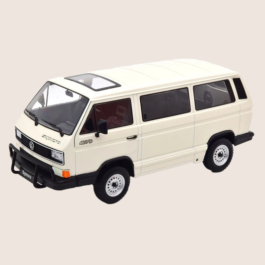 Detailed 1:18 scale model of the 1987 Volkswagen Bus T3 Syncro in white. Officially licensed VW product with authentic interior details and swivel front wheels.