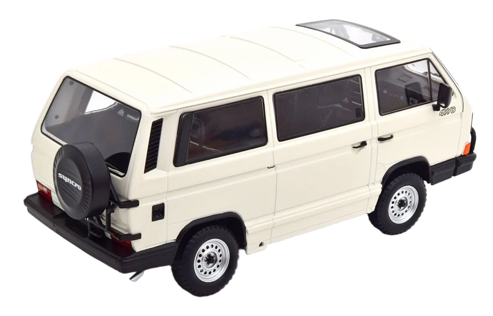 Detailed 1:18 scale model of the 1987 Volkswagen Bus T3 Syncro in white. Officially licensed VW product with authentic interior details and swivel front wheels.