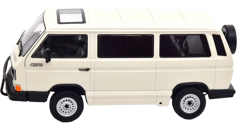 Detailed 1:18 scale model of the 1987 Volkswagen Bus T3 Syncro in white. Officially licensed VW product with authentic interior details and swivel front wheels.