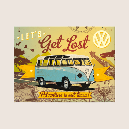VW Bulli "Let's Get Lost" Magnet - Rectangular metal magnet with colorful Bulli design and the text "Let's Get Lost". A nostalgic accessory from Nostalgic Art, perfect for the fridge, workshop or car enthusiast's collection.