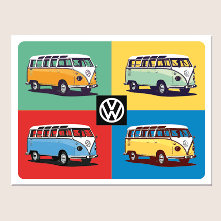 VW Bulli Pop Art Magnet - colorful retro magnet with four Bulli pop art style drawings on a metal background, designed by Nostalgic Art to adorn any metal surface with vintage charm. 